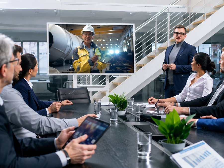 Executive team reviewing a live jobsite briefing on screen during a leadership meeting
