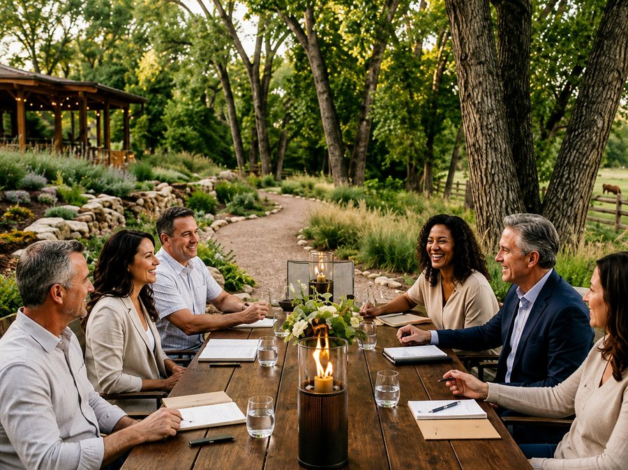 Executive leadership team in conversation around an outdoor retreat table