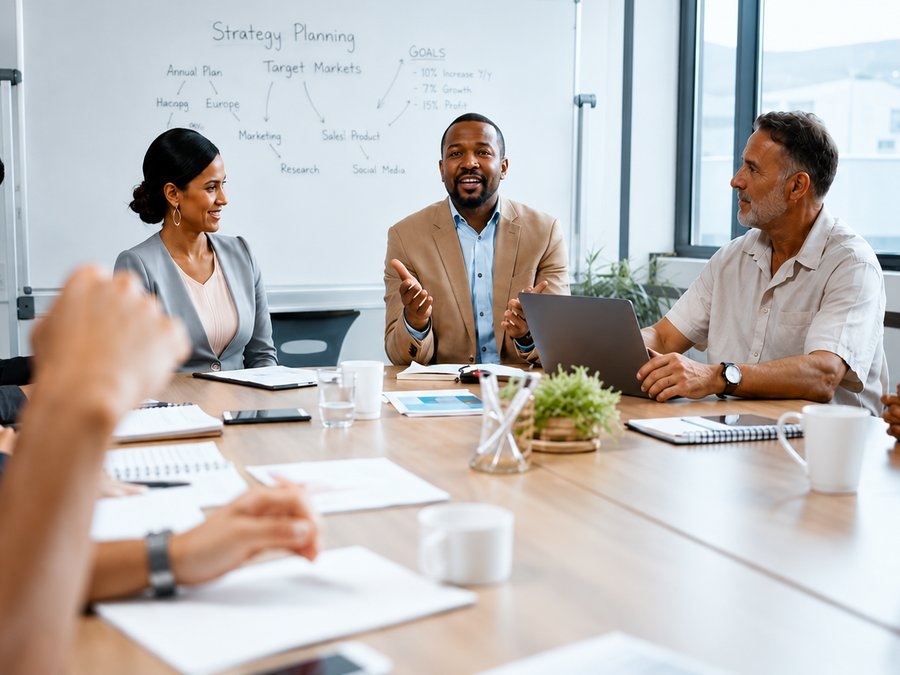 Team working through a strategy session together around a conference table